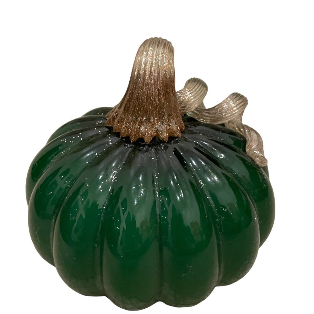 CHRISTIAN SIRIANO Hand Blown Art Glass Pumpkin Emerald Green Gold Stem New - Picture 8 of 10